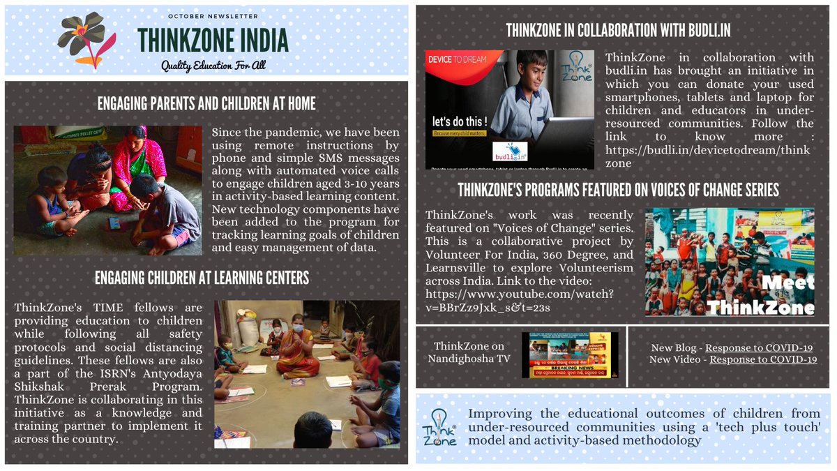 ThinkZoneIndia's tweet photo. You would have received our newsletters on your mail by now! Get a glimpse of the updates of the month of October!
@GMC_Impact @Villgro @HDFCBankCSR @ISRNnewdelhi @Budli_in @unltdindia @MADevImpact @thedprize
#ThinkZoneIndia #EducationMatters #OctoberNewsletter #Updatesofthemonth https://t.co/tiLKolJnUw