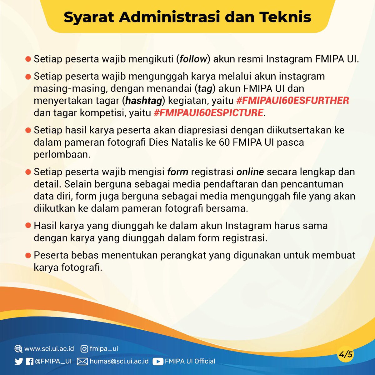 univ_indonesia's tweet image. Melalui kompetisi foto tersebut, mari bersama-sama melangkah lebih jauh dan menampilkan karya dalam perayaan bersama Dies Natalis ke 60th FMIPA UI.

#fmipaui #FMIPAUI60ESFURTHER #FMIPAUI60ESPICTURE #univeristasindonesia #lombafoto