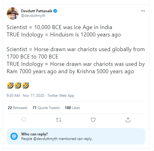 Devdutt: "Horse drawn war chariots used globally from 1700 BCE to 700 BCE"ASI: Chariots, dating to "2200BC-1800 BC of the ‘Bronze Age’ have been found at UP's Sanauli village" from a warrior classLimits replies.Another level breached on the Devdutt Index of Asshattery.