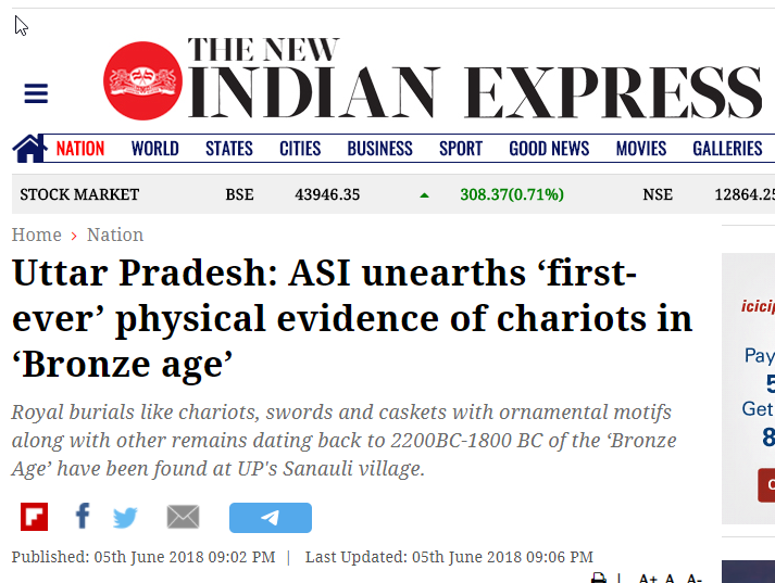 Devdutt: "Horse drawn war chariots used globally from 1700 BCE to 700 BCE"ASI: Chariots, dating to "2200BC-1800 BC of the ‘Bronze Age’ have been found at UP's Sanauli village" from a warrior classLimits replies.Another level breached on the Devdutt Index of Asshattery.