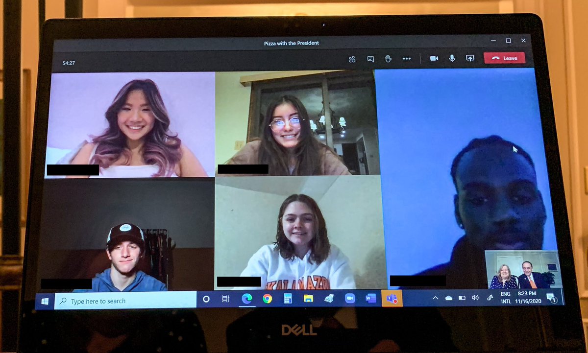 KPrez18's tweet photo. Suzie and I were able to have a virtual dinner with five impressive first-year students from IL, MA, and MI. They all made it to 10th week and are looking forward to winter break. #GoodLuckWithFinals https://t.co/elIVuiYioK