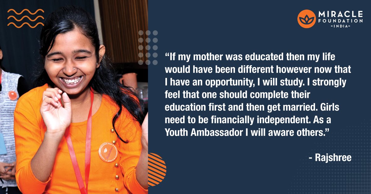 MFIndia's tweet photo. This is our Youth ambassador Rajashree, she talks about being independent and being self-sufficient.
All children - boys and girls are entitled to equal rights and equal opportunities.
#MiracleFoundationIndia #IndiaForDonation #DonateForOrphans #Fundraising #SponsorAChild https://t.co/HuBoQK7OGr