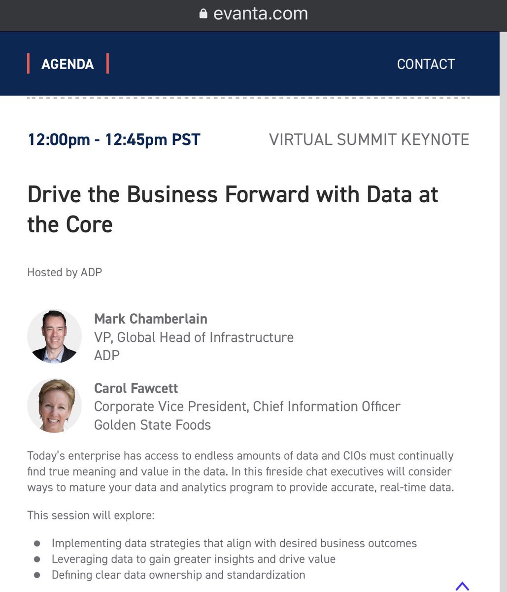 mchamberlain99's tweet photo. Excited to be hosting the @Evanta Virtual Summit Keynote for the #southerncalifornia #cio executive summit Wednesday (Nov 18).  Sponsored by @ADP , I will be discussing the topic “Driving the Business Forward w/ Data at the Core” w/ Carol Fawcett! #ciosummit #data @Gartner_inc https://t.co/EjmwYyy5LO