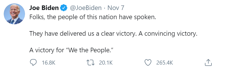 I mean, Biden's tweet's proclaiming himself President-elect have no such qualifications, such as this won claiming "voters have delivered us a clear victory". Which "official sources" are calling it for Biden and not for Trump?