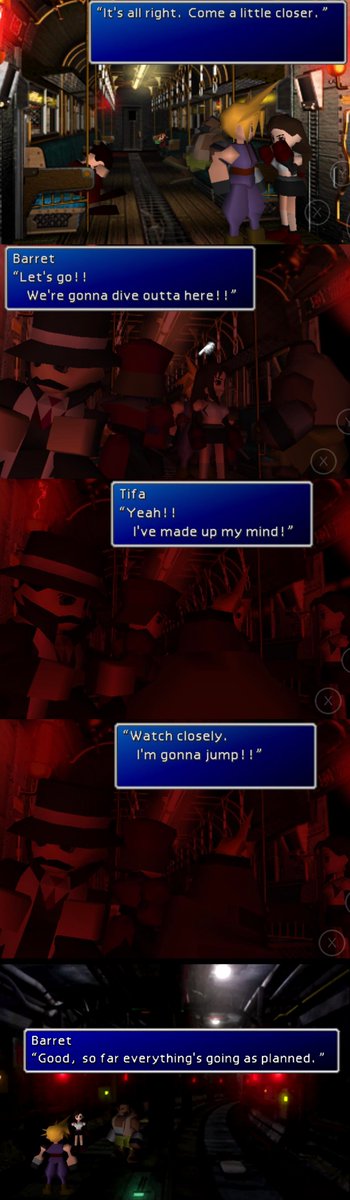 In OG, Tifa jumps from the train first, followed by Cloud then Barret. In FF7R, we get an extended cutscene where Tifa saves bystanders, then THE FAMOUS CLOTI CORKSCREW HUG  If you let the timer run out, you won't get this cutscene but only l0sers miss this cutscene so-