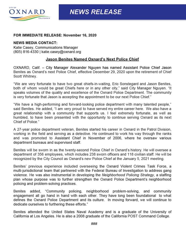 CityofOxnard's tweet photo. City Manager Alexander Nguyen has named Assistant Police Chief Jason Benites as Oxnard’s next Police Chief, effective December 29, 2020 upon the retirement of Chief Scott Whitney.
READ MORE: https://t.co/0zg9WniiXX https://t.co/LfuDlKJRx8