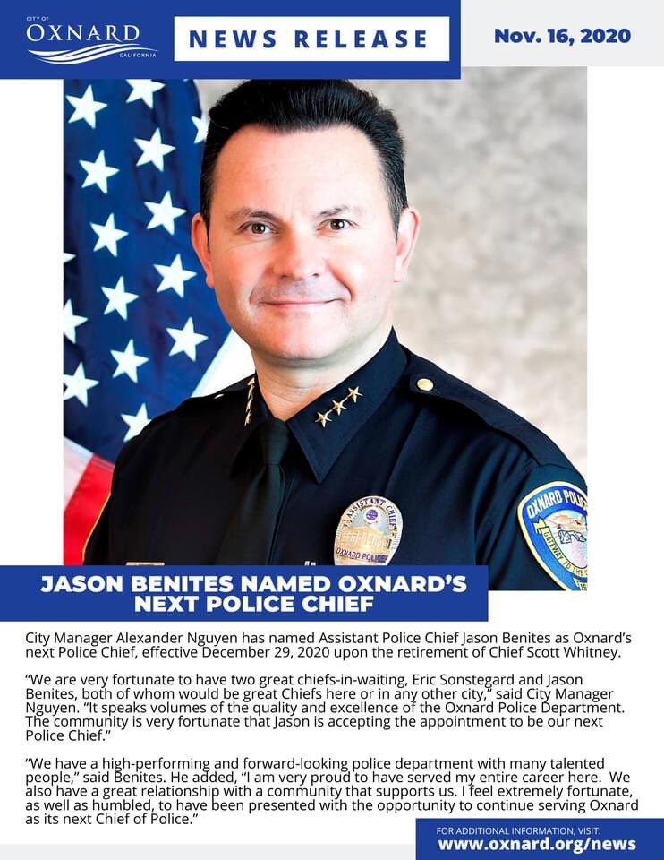 CityofOxnard's tweet photo. City Manager Alexander Nguyen has named Assistant Police Chief Jason Benites as Oxnard’s next Police Chief, effective December 29, 2020 upon the retirement of Chief Scott Whitney.
READ MORE: https://t.co/0zg9WniiXX https://t.co/LfuDlKJRx8