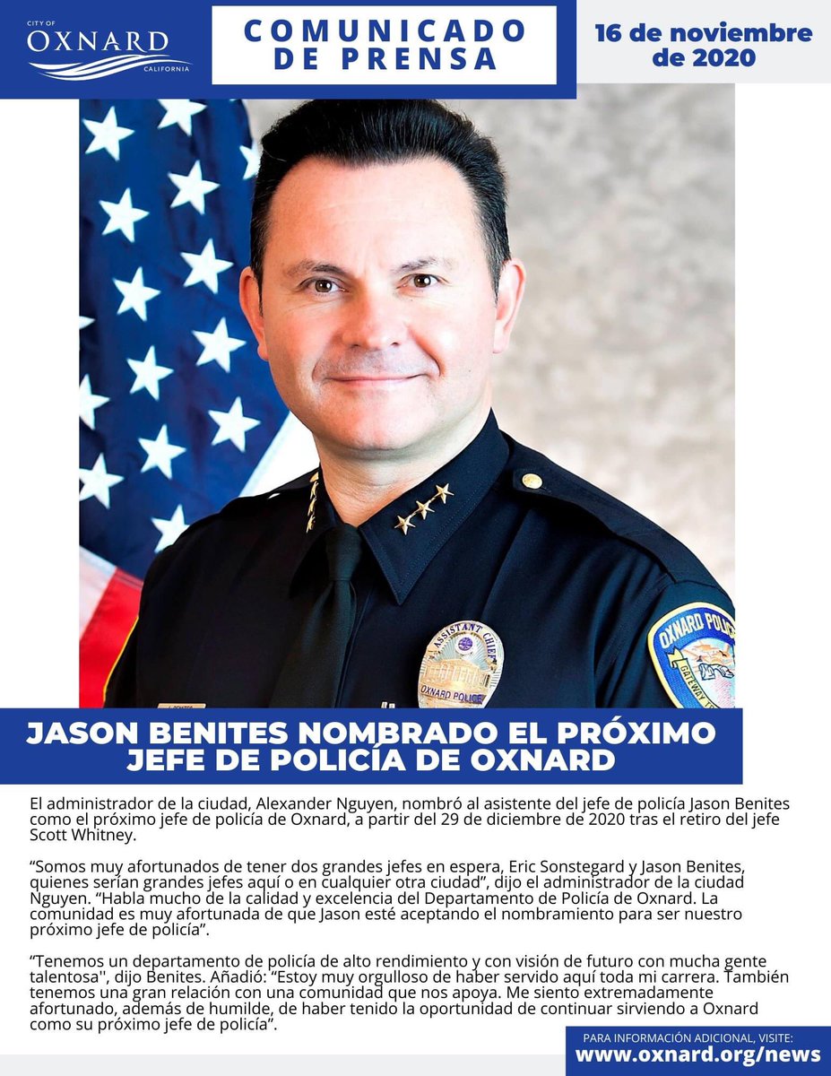 CityofOxnard's tweet photo. City Manager Alexander Nguyen has named Assistant Police Chief Jason Benites as Oxnard’s next Police Chief, effective December 29, 2020 upon the retirement of Chief Scott Whitney.
READ MORE: https://t.co/0zg9WniiXX https://t.co/LfuDlKJRx8