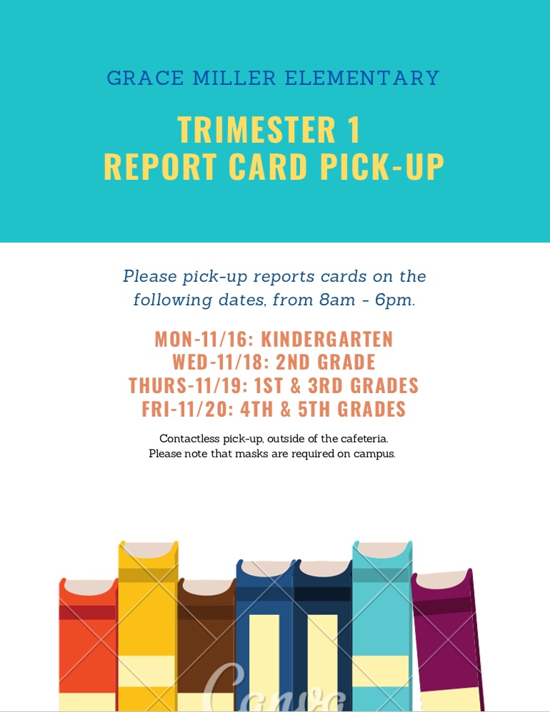 Roadrunner families, trimester 1 report cards are ready via contactless pick-up this week! Please check the flyer for your student's pick-up day. #BUSD #Roadrunners