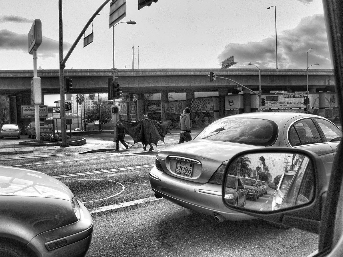 From the archives...  Wednesday, January 9, 2008, 5:50:22 PM, the exact moment I spotted Batman crossing Franklin Ave, at Argyle in Hollywood, California.