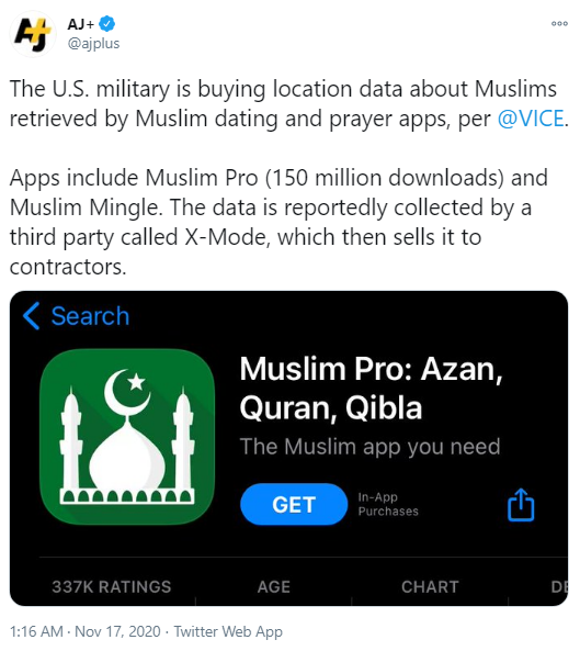 kelategomo_'s tweet photo. Tentera AS dikatakan membeli data lokasi mengenai orang Islam yang diambil oleh aplikasi dating Muslim Mingle dan aplikasi prayer Muslim Pro

Data dikumpulkan oleh pihak ke-3, X-Mode, yang lalu  menjualnya kepada kontraktor

Apa aplikasi fav serupa lain?

#MuslimPro #muslimapps https://t.co/ah3c17ZRkL
