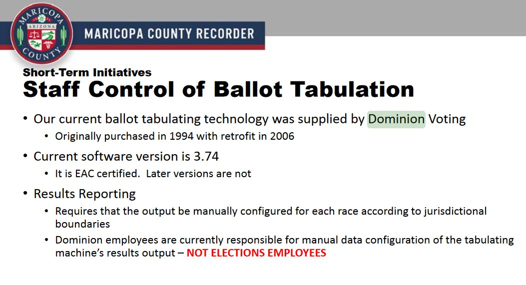 In 2017, the Maricopa County Recorder indicated that Dominion employees were responsible for tabulating the vote and not elections employees. http://ktar.com/wp-content/uploads/2017/03/2017MARCORecordersOfcAnnReport.pdf