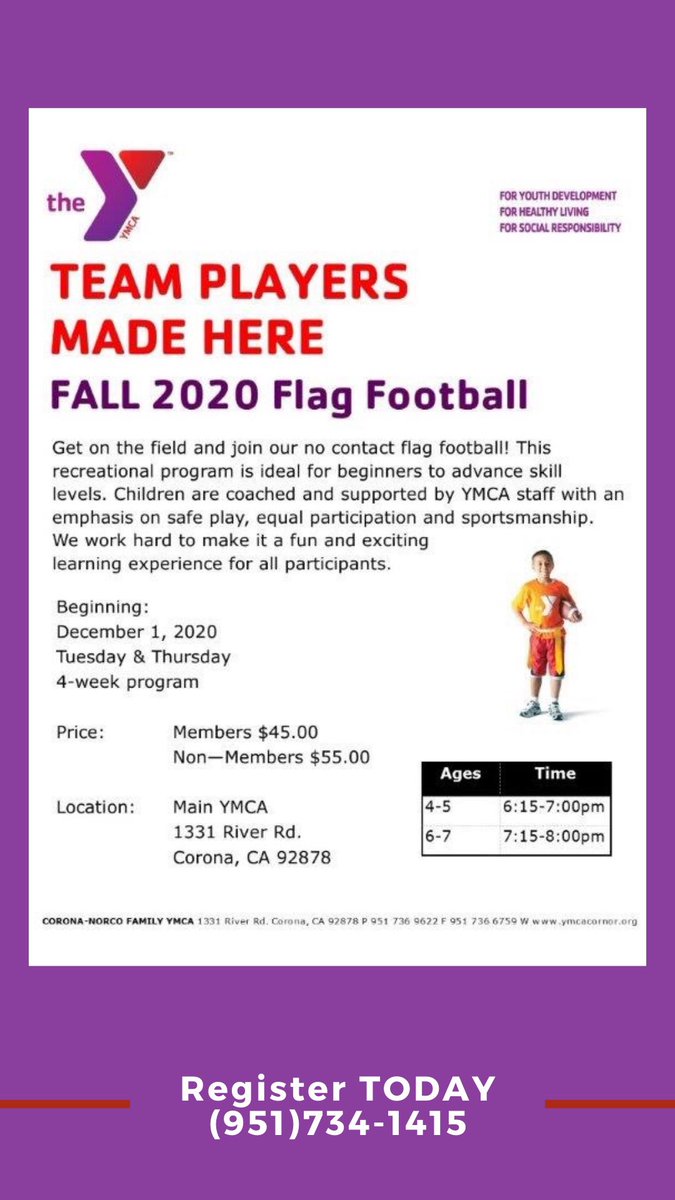 cornorymca's tweet image. Looking for a fun and engaging activity for the kids? Join the Y to participate in our Flag Football League. Registration is now open! 
Register today   #ymcaCorNor #StayActive
