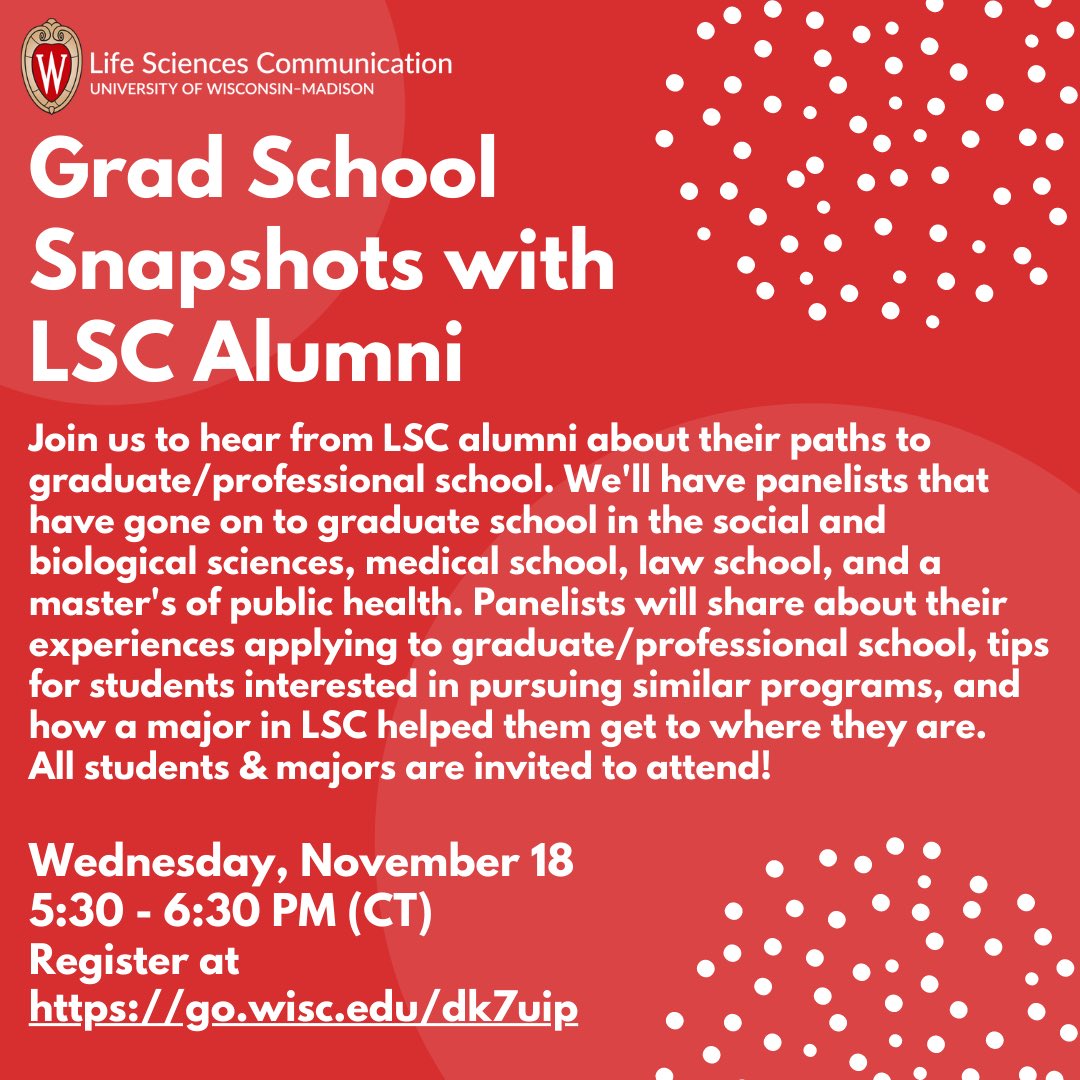 Science Communication Club- UW Madison (@scc_uwmadison) on Twitter photo Have questions about grad school? Join us at the <a href="/UW_LSC/">UW-Madison LSC</a> grad school panel event to hear from alumni who have gone on to grad school! Register to get the zoom link for Wednesday @ 5:30PM Have questions about grad school? Join us at the <a href="/UW_LSC/">UW-Madison LSC</a> grad school panel event to hear from alumni who have gone on to grad school! Register to get the zoom link for Wednesday @ 5:30PM