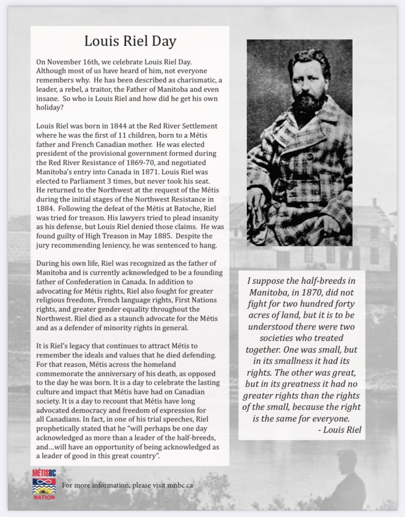 Today marks 135 years since Louis Riel was executed for defending Métis rights. #LouisRielDay #Metis