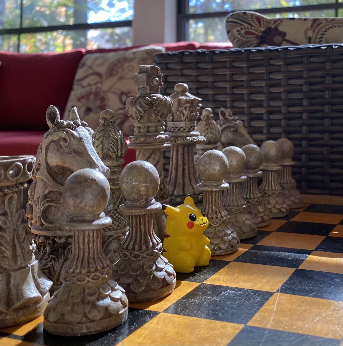 ShowSpacesPhoto's tweet photo. Loved this touch of whimsy found at a shoot today.  #showspaces #photography #pikachu #chess #QueensGambit https://t.co/31gIf7XkKf