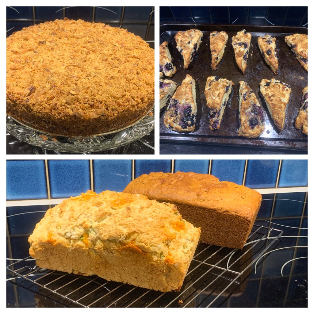 jennbrasch's tweet photo. Spent 3 days moderating for #ISAMCSAM2020 conference and yesterday spoke on Concurrent Disorders at #CSAMFundamentals so needed a day of #selfcare: Made Blueberry-lemon scones, 2 loaves of quick bread and coconut-chocolate coffee cake. Not shown—large pot of lentil soup. https://t.co/vMigBw4KGk