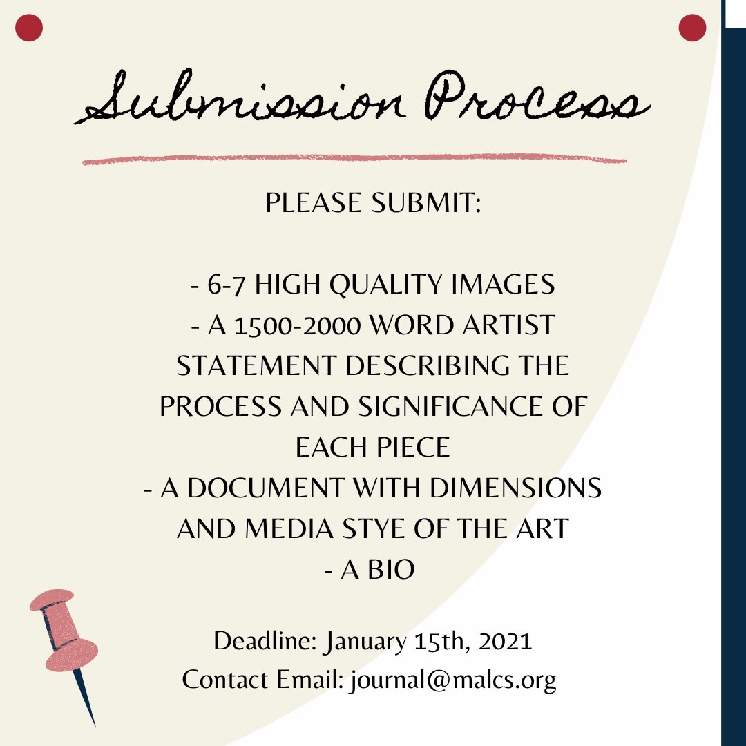 CLSMALCSjournal's tweet photo. 📣 Calling All Artistas 📣
We’re looking for artists who are interested in getting their artwork published in our Spring 2021 issue! 🎨 
➡️ Swipe to see the submission process, the deadline to email your submission to journal@malcs.org is January 15!! https://t.co/WwUisNYQcR