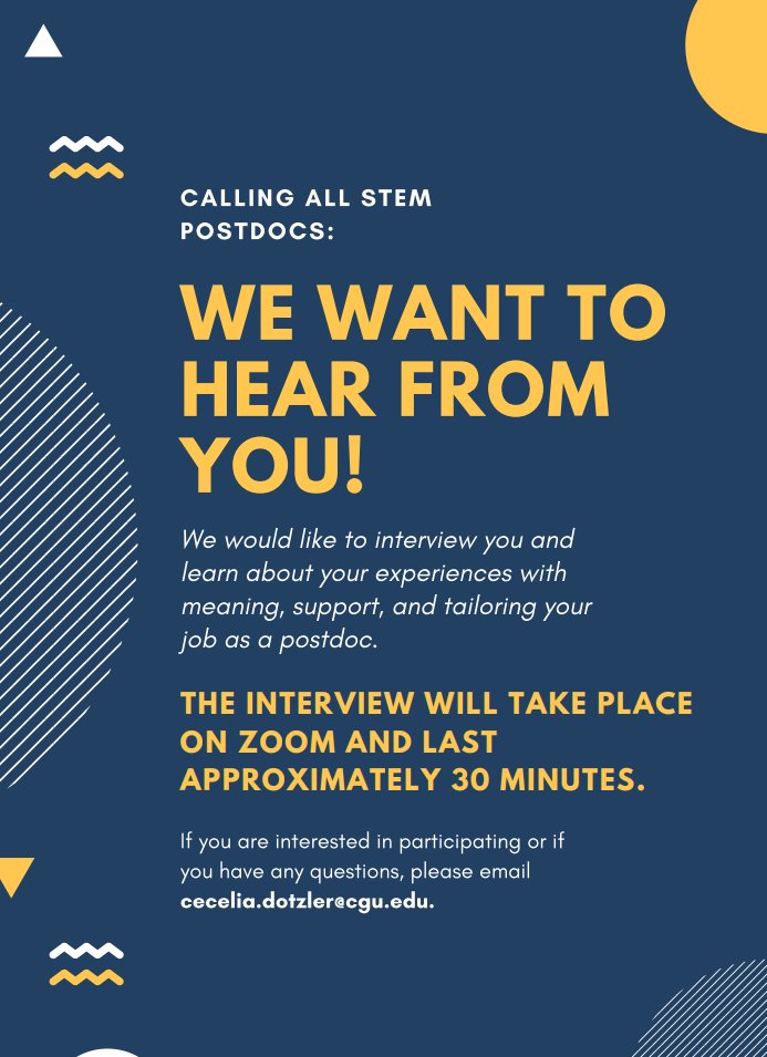CeceliaDotzler's tweet photo. Calling STEM postdocs! We are seeking volunteers for a qualitative study about the role of a STEM postdoc. Please email me if you are currently a postdoc in a STEM field and would like to participate.
#postdoc #STEM #STEMpostdoc #qualitativeresearch #organizationalpsychology https://t.co/P6pAbuFNrB