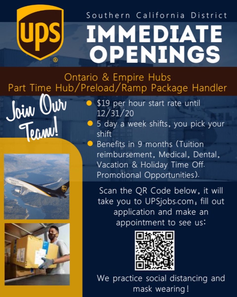 SBCWorkforce's tweet photo. UPS #InlandEmpire locations hiring now. You pick your shift, with benefits in 9 months. #SanBernardinoCounty #WeAreWorkforce #UPS  #HiringNow https://t.co/LycPo4pkoo