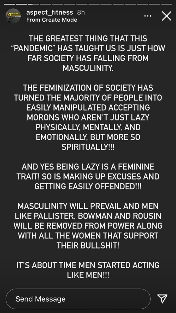 SkylarAPeters's tweet photo. A Winnipeg gym owner went on an anti-feminism tirade on their Instagram page today (among anti-mask posts), which is causing quite a stir among those who have seen it.

It's been 10 hours since they were posted and the stories haven't been deleted... yet. https://t.co/0HYbwMHmSO