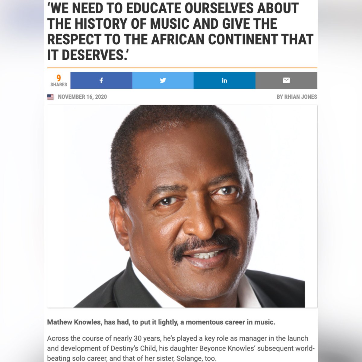 MathewKnowles's tweet photo. Here are a few highlights from my interview with @musicbizworld . We discussed the buzz around @meplaylist, the success of Beyoncé and Solange, artist development, and more!

Go to https://t.co/ixOD3cIKSn for the complete interview!

#mathewknowles #musicbusiness #meplaylist https://t.co/J0hI0wBcaU