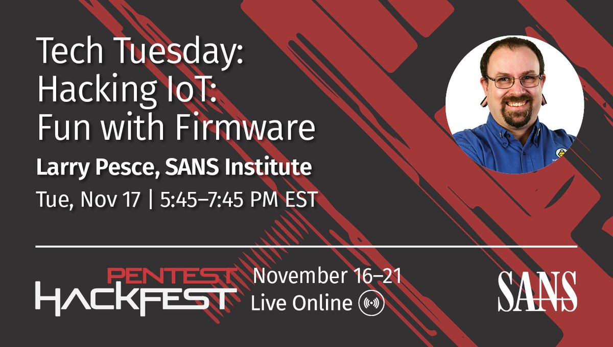 SANSOffensive's tweet photo. Come join us tomorrow for this fun #SANSHackFest bonus session when @haxorthematrix will analyze firmware for a random IoT device, as a sneak peek at the upcoming #SEC556: IoT Hacking course!
Don't miss out, register now: https://t.co/dooPHoyvtz #PenTest https://t.co/pg1HZOtwwc
