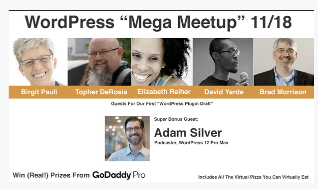 This Wednesday - join us for a #WordPress Mega-Meetup (at least 8 meetup groups) featuring <a href="/bph/">Birgit Pauli-Haack (next #WCAsia)</a>, <a href="/topher1kenobe/">topher1kenobe</a>, <a href="/dsmy/">David Yarde | Creative Dark Knight</a>, <a href="/tonomoshia/">©️Elizabeth Reiher 🇺🇸🏦➞₿ 👩🏽‍💻$LizReiher™️</a>, <a href="/MBradMorrison/">Brad Morrison</a>, <a href="/heyadamsilver/">Adam Silver</a>, <a href="/dimensionmedia/">David Bisset</a> and more, courtesy <a href="/GoDaddyPro/">GoDaddy Pro</a>. Learn more at meetup.com/WordPress-Char…  #chs #charleston #chstech