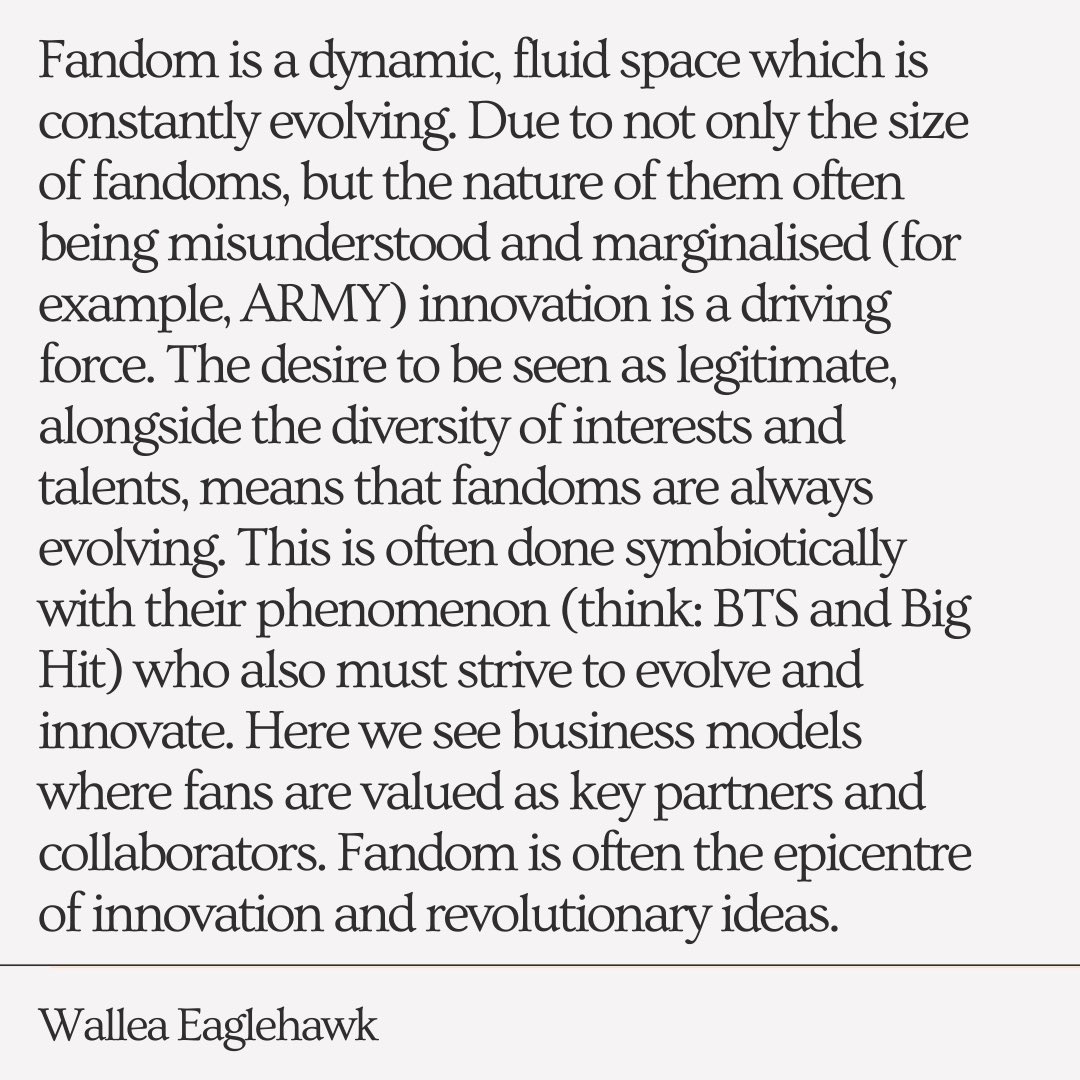 walleaeaglehawk's tweet photo. I believe we will see more businesses situated in fandom that aren’t solely about the fandom or the phenomenon alone. For now, I will strive to innovate in my own business while looking to those who inspire me most: BTS &amp; Big Hit, who value fans as they do their idols. https://t.co/6L01mNCoYF