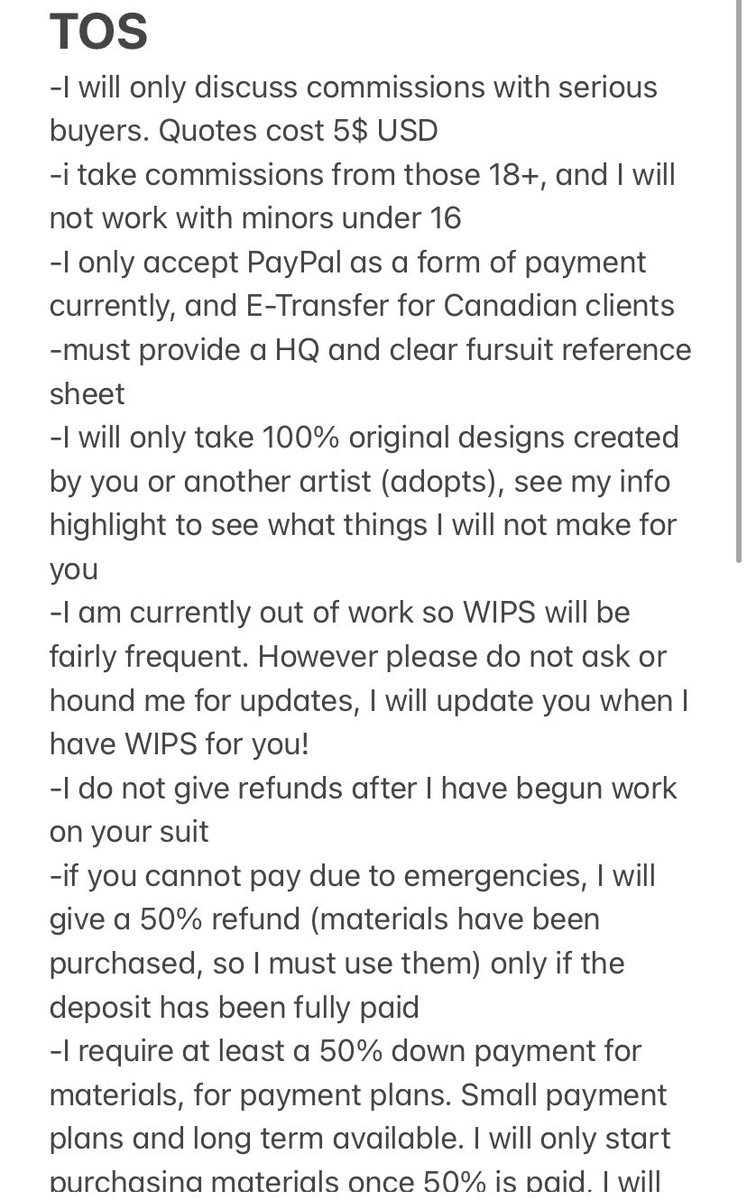 oblivionfursuit's tweet photo. Oblivion fursuits TOS, info and price guide! please read the TOS before DM’ing me. Serious commissioners must pay a fee to obtain a quote from me. If serious please DM me via my Instagram or here on Twitter, I will have a telegram page for WIPs open to all commissioners https://t.co/MVD1CGMDS3