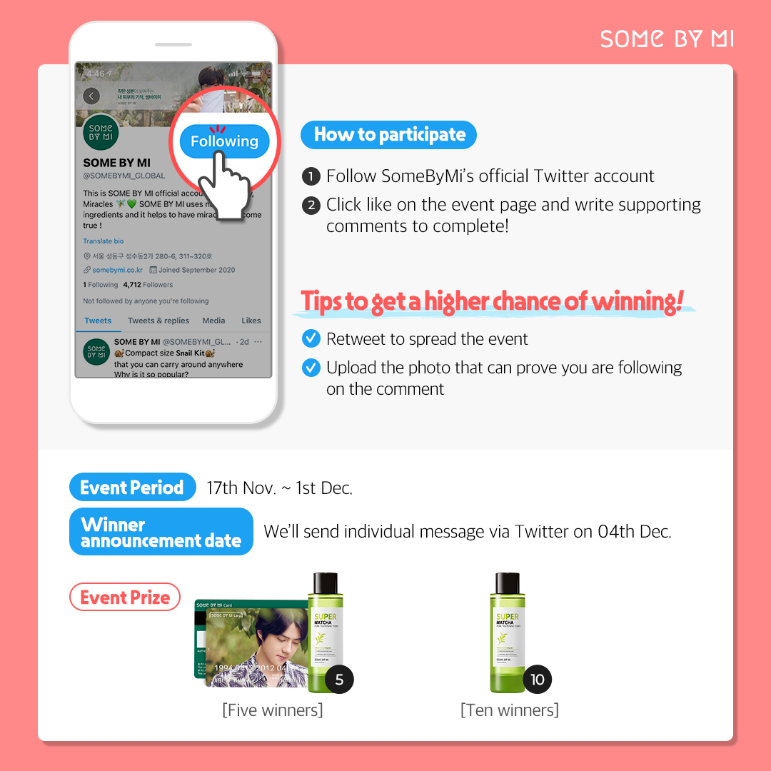 SOMEBYMI_GLOBAL's tweet photo. ✨#SOMEBYMI Twitter Follow Event✨ 
 
Follow the 𝗦𝗢𝗠𝗘 𝗕𝗬 ��𝗜 official account of Twitter now!
@SOMEBYMI_GLOBAL 
💚Sehun’s card and Matcha toner are waiting for you💚
 
Check How to participate.
Please participate a lot and retweet a lot🐥
 
#follow #event #sehun #exo https://t.co/gKfnQa7ffQ
