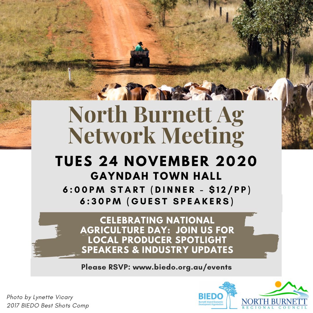 Please be advised - DATE CHANGE - North Burnett Ag Network Meeting will now be held on Tuesday 24 November from 6pm (previously advertised as this Friday). For more information and to RSVP ➡️ biedo.org.au/events