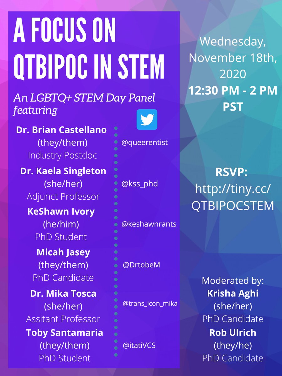 bear bear (@robertnulrich) on Twitter photo Many panels prioritize cis, gay and white voices and miss key perspectives of QTBIPOC experiences in STEM fields that have historically excluded them
<a href="/krishuponastar/">Krisha Aghi</a> & I put together a panel of incredible scientists who will speak to those experiences on #LGBTQSTEMDay Many panels prioritize cis, gay and white voices and miss key perspectives of QTBIPOC experiences in STEM fields that have historically excluded them
<a href="/krishuponastar/">Krisha Aghi</a> & I put together a panel of incredible scientists who will speak to those experiences on #LGBTQSTEMDay