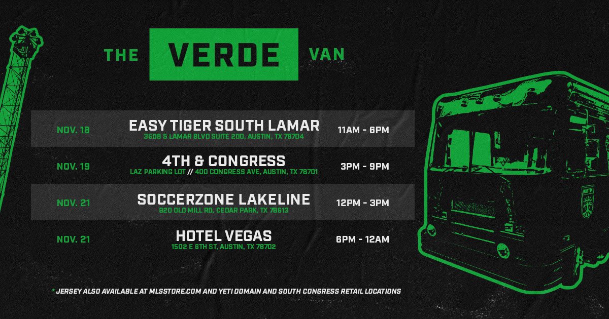 AustinFC's tweet photo. Check out your #VERDE Van locations and sign up now to purchase your inaugural #AustinFC jersey and other exclusive merch!

🌳 » https://t.co/08dypBs44r https://t.co/lKKpmpIeYF