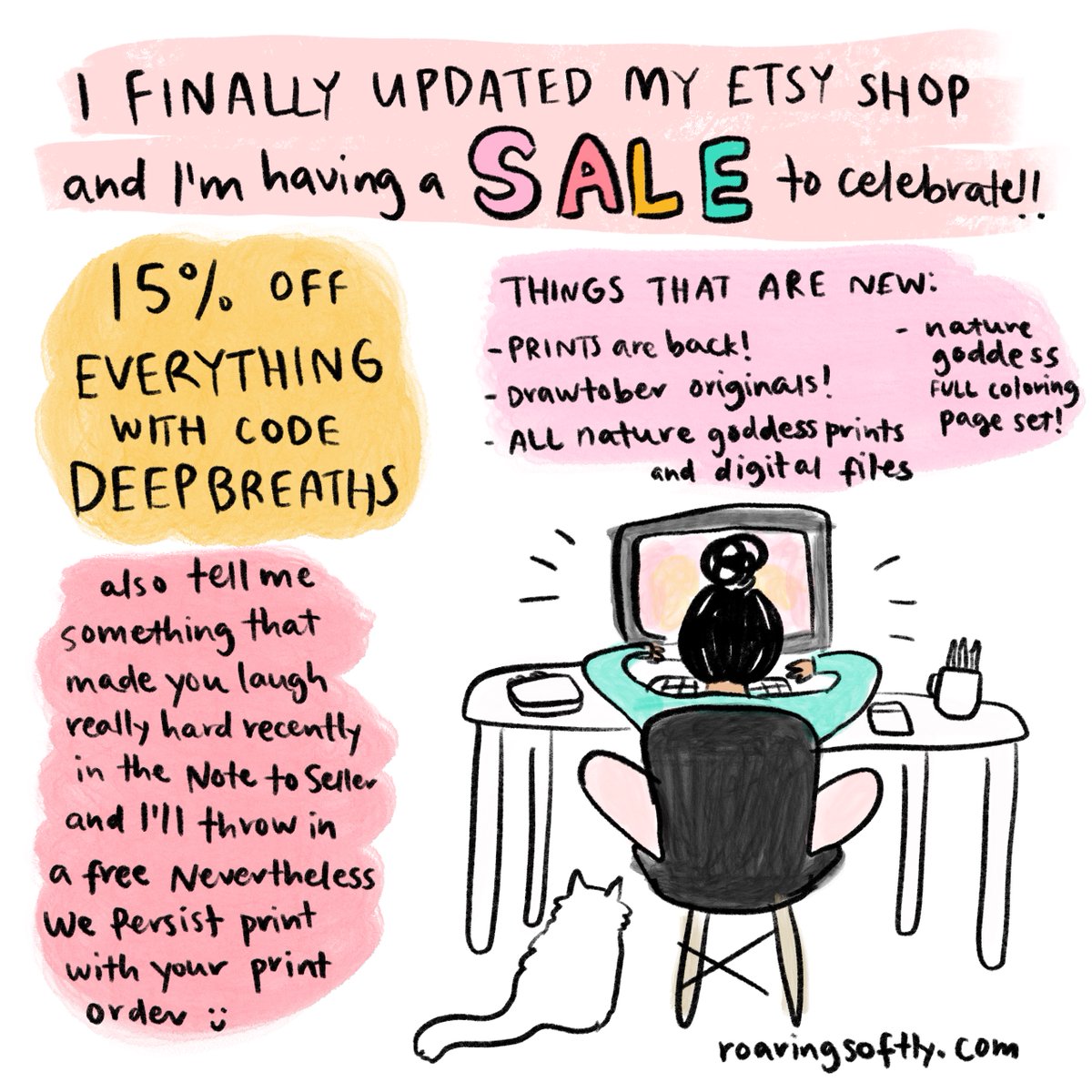 I updated my etsy shop with a buncha new stuff so I'm having a sale to celebrate! Get 15% off everything with code DEEPBREATHS + tell me something that made you laugh recently in the Note to Seller and I'll throw in a bonus print with your print order ? https://t.co/E7RWQbpMUa