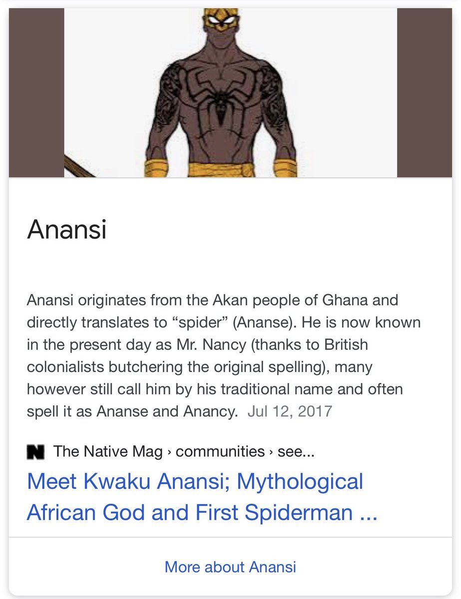 sophiasoundz's tweet photo. The ideology of Spiderman originates in Ghana but it’s messed up how this was stolen from Africa, this only proves that Africa has always influenced the culture 💯🙌🏾 #Marvel #Ghana #anasi #marvelcomics #AfricaNow https://t.co/eUOwbQX8gw