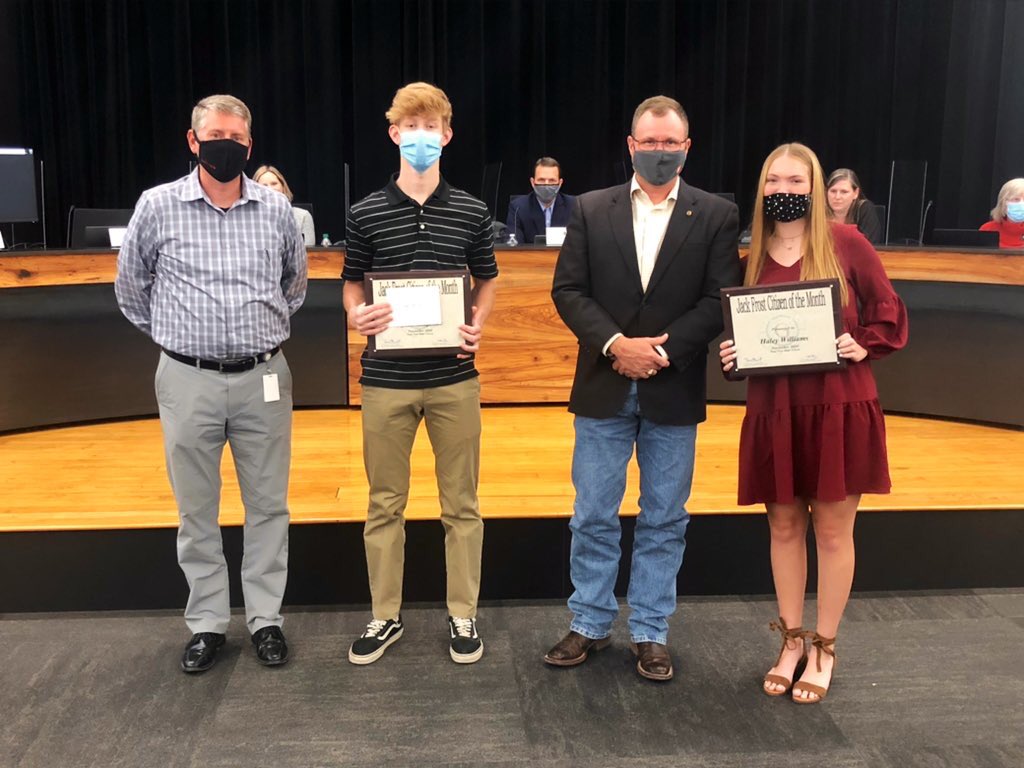 GeorgetownISD's tweet photo. Tonight we have several student recognitions, and we’ll begin with our Jack Frost Citizens of the Month! From @EastViewHS, congratulations to Haley Williams and Ryden Clayman! #GISDBoard https://t.co/NJexXVTX3T