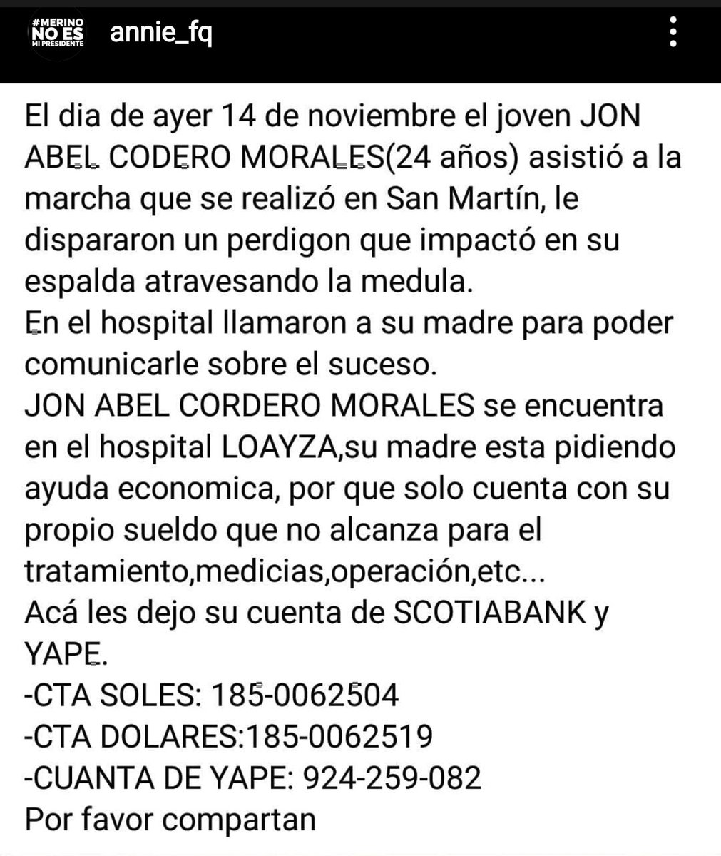 Yanarico__'s tweet photo. DIFUNDIR!!!
Jon también es un héroe. POR FAVOR, DIFUNDIR. YA NO VOLVERÁ A CAMINAR PORQUE EL PROYECTIL ATRAVESÓ SU MÉDULA. AYUDEMOS A NUESTRO COMPATRIOTA #LutoNacional #PERUVIANLIVESMATTER #FuerzaPeru #MerinoAsesino #PeruDesperto YA PUESSS #SegundaUrna Presidente del Perú https://t.co/jELxdZMH94