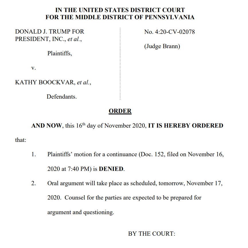 A federal judge won't delay tomorrow's hearing on President Trump's lawsuit to overturn the election he lost i n Pennsylvania because most of his lawyers quit. His remaining lawyer - who's also a radio host - will have to go it alone and is "expected to be prepared."