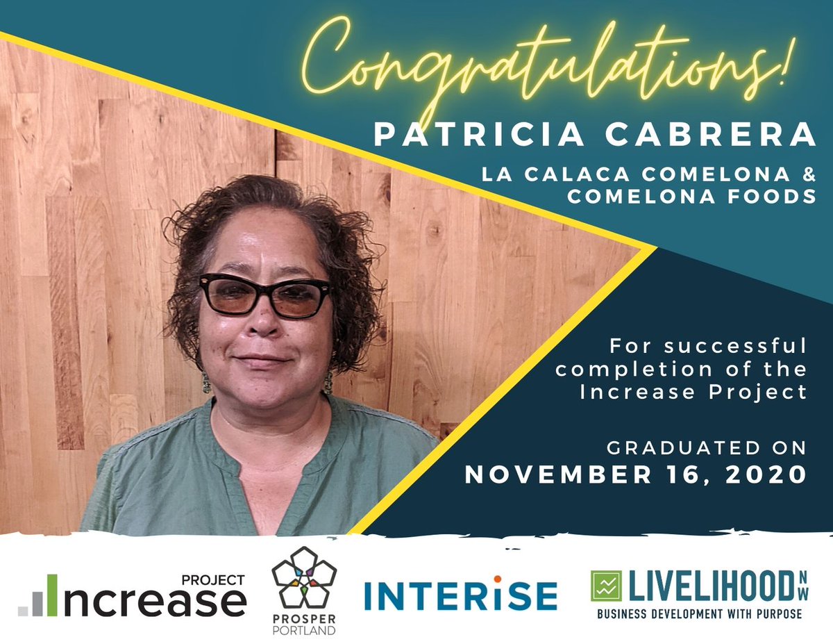 LivelihoodNW's tweet photo. Congratulations to Patricia from La Calaca Comelona & Comelona Foods! She's just graduated from our latest cohort of Increase Project!
#graduates #IncreaseProject #smallbusinessPDX #cohort #businessdevelopment https://t.co/o7okRChHmL