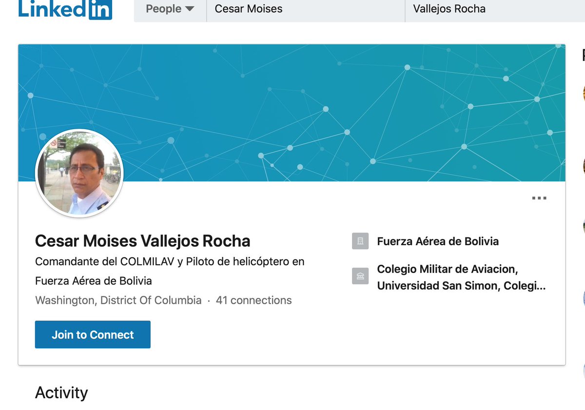 (3/5) It appears that Cesar Moises Vallejos Rocha, the newly appointed commander of the Air Force, has been living in Washington DC & was air attache in Bolivia's DC embassy in 2016.  https://www.linkedin.com/in/cesar-moises-vallejos-rocha-7b169651