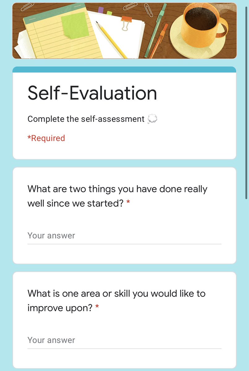 tea_paluzzi's tweet photo. It’s Self-Evaluation time 💭 I created this Google Form for my learner to complete so that she can reflect on the learning she’s done over the past 6 weeks! @YEPeducation #letsteachadults https://t.co/Y3tUEAOPUy