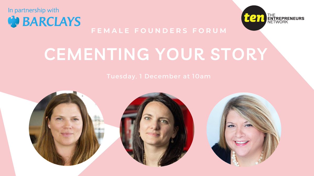 TenThinkTank's tweet photo. Join @ddenissmith founder of @ObeliskSupport, @CordeliaMeacher founder of @WeAreFieldHouse &amp; @JulietRogan @BarclaysEntpr on Tuesday 1 December at 10am for our Cementing Your Story webinar.

Sign up here: https://t.co/aggnMcUnVG https://t.co/l4C95B0ye7