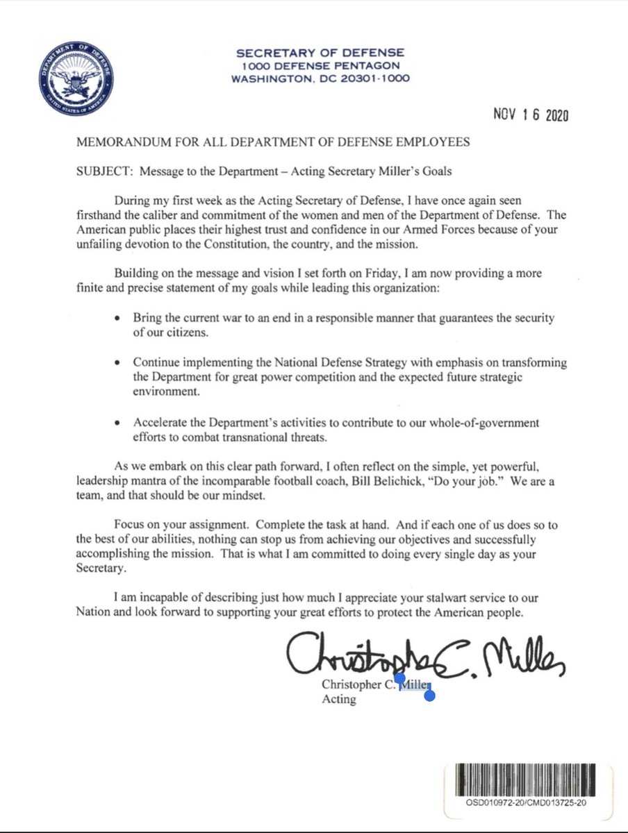 wjhenn's tweet photo. JUST IN: Acting Defense Secretary Christopher Miller, Trump’s Pentagon chief for the next two months (maybe), released a message to the entire department that quotes the “incomparable football coach” Bill Belichick for some reason. https://t.co/xrQV2fUHVe
