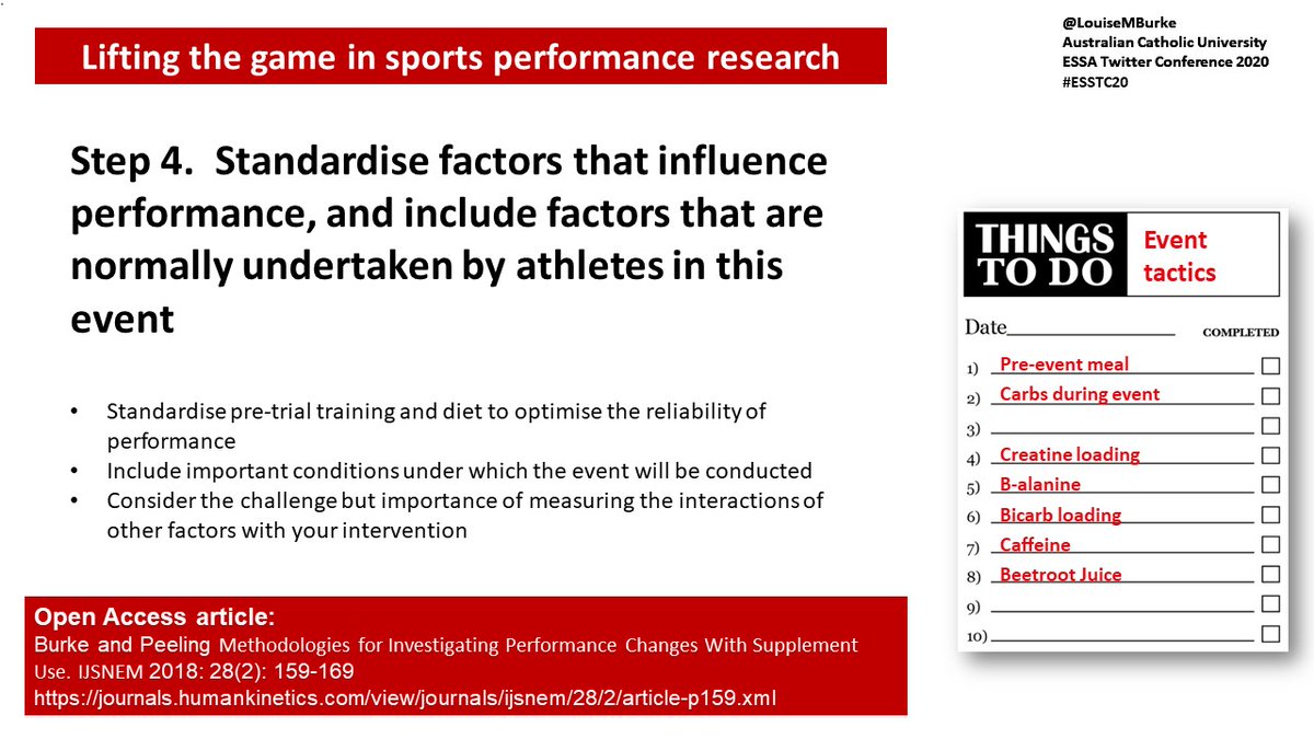 6/10 Testing athletes who are overnight fasted, drinking water, in a cool lab etc may create a “clean” look at a new intervention. But it fails to capture the real-life nature of sport. Build the conditions of your event and other athlete strategies into your research design.