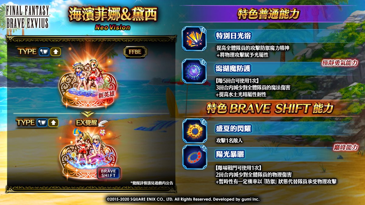 Final Fantasy Exvius 海濱菲娜 黛西 與現正nv覺醒解放的 夏日菲娜 里德 夏日芙爾卡 希 特拉 在陽光和煦明媚的好天氣下放鬆著 快召喚她們與 米紐兒 來度過一個難忘又刺激的旅程吧 Ffbeww