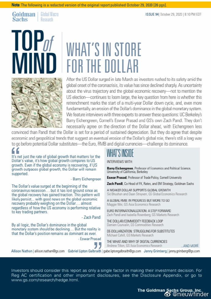 Shengge_'s tweet photo. Goldman Sachs’s “Top of Mind: What’s In Store for the Dollar?” https://t.co/v10qlZH1o4