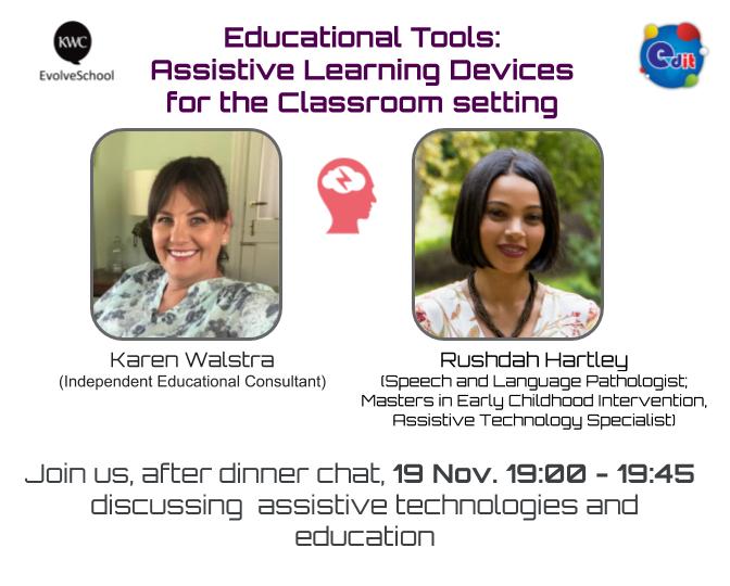 KEvolveschool's tweet photo. Thursday 19/11 19:00 GMT+2 @KarenWalstra discussing Assistive Technology for the Classroom, with @rushdah9 @editmicro live stream on FB https://t.co/wxf7jfgHFp Join us! #accessibility #assistivetech #edtech #learning #EDUcators #education https://t.co/Jk1nDxFNR4