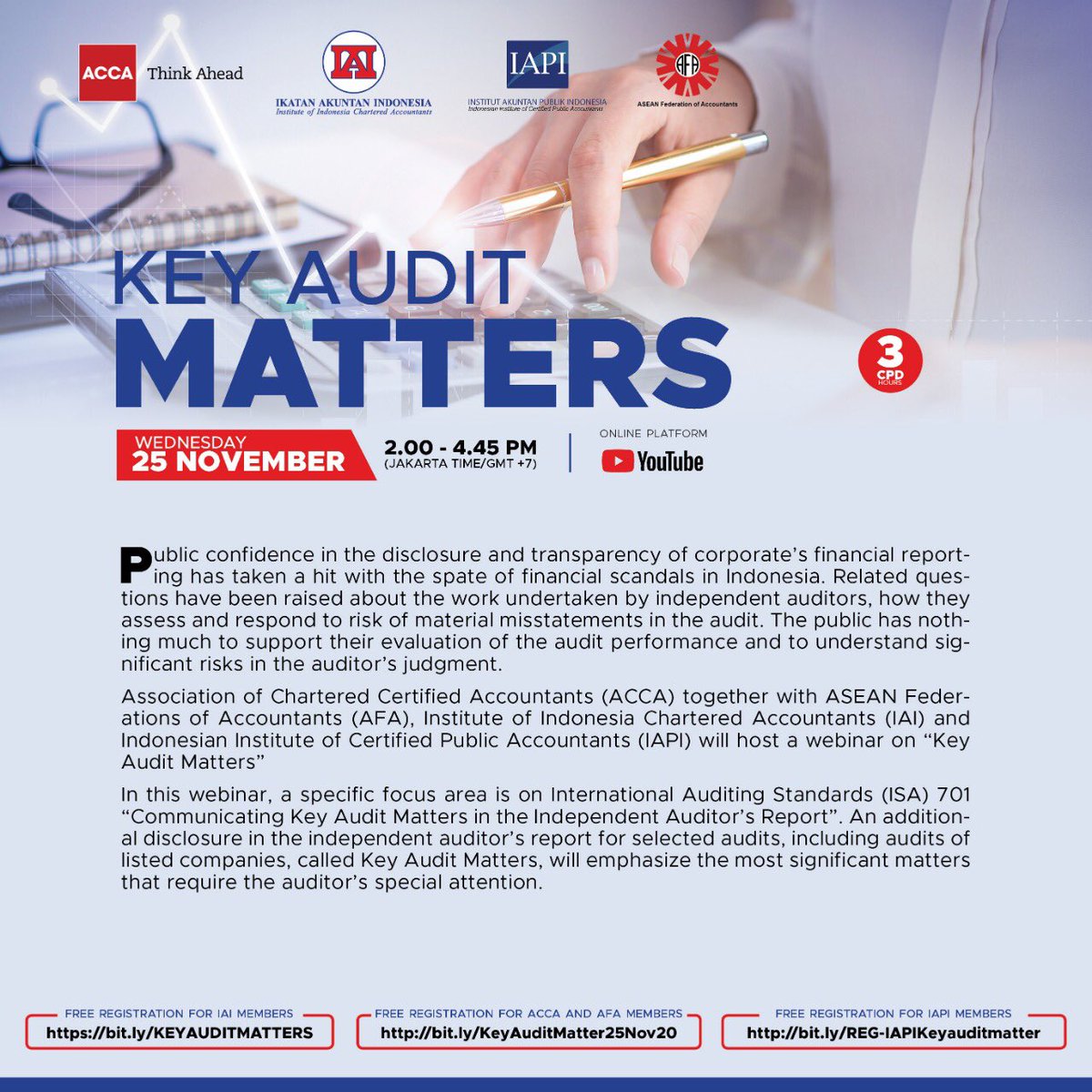 IAINews's tweet photo. We are pleased to present our joint webinar: ACCA, AFA, IAI, and IAPI on Key Audit Matters. Please click on the following link to register (FREE): https://t.co/MjzDKIxMtI. 
@AFA_Accountants @ACCANews @iapi_official #keyauditmatters #accountant https://t.co/TrYZBZjvjN