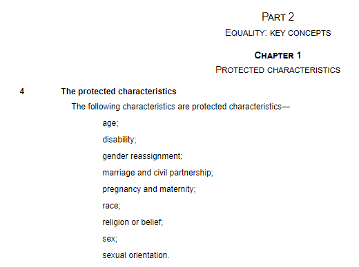 However, it also lists 'gender identity'.'Gender identity' is not a protected characteristic under the Equality Act 2010 and is not defined in the Act. https://www.legislation.gov.uk/ukpga/2010/15/part/2/chapter/12/14
